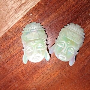Carved Mother of Pearl Buddha Earrings Clip On